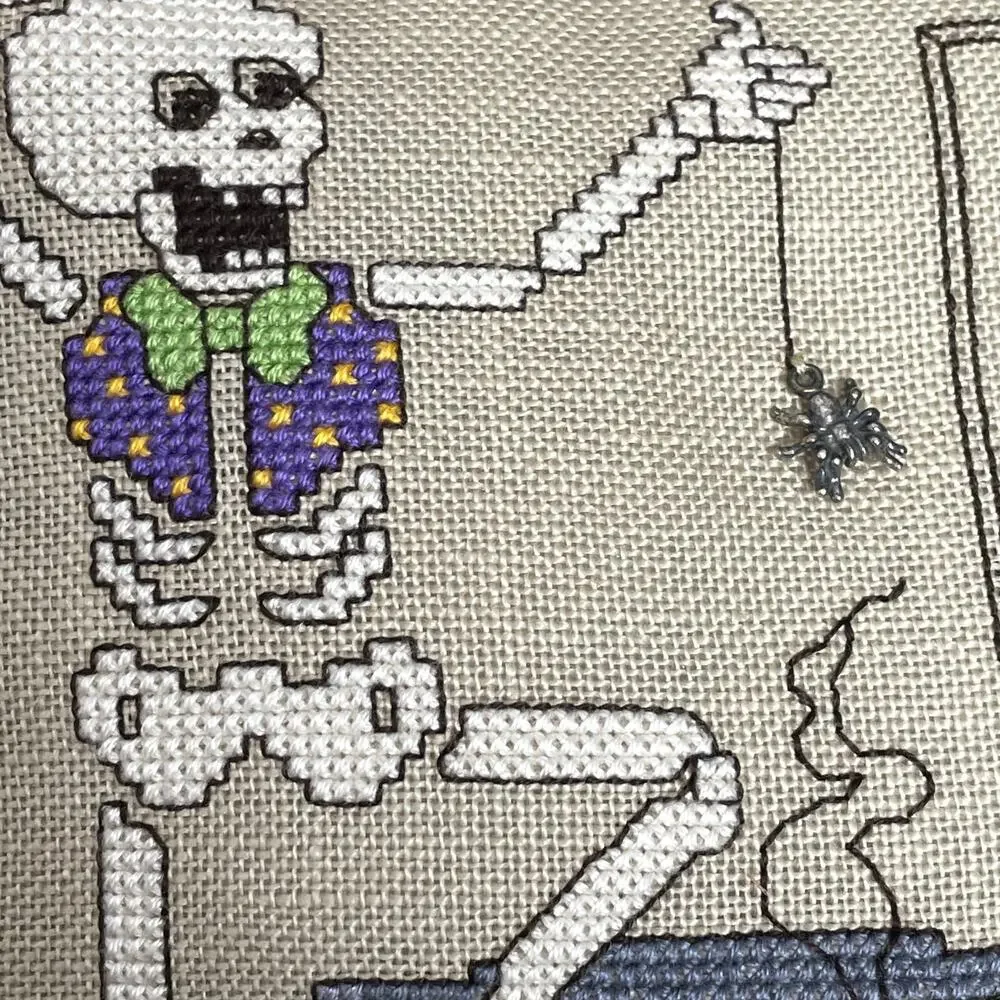 Halloween Cross Stitch Pillow Door Hanger Skeleton Trick or Treat Hanging Spider